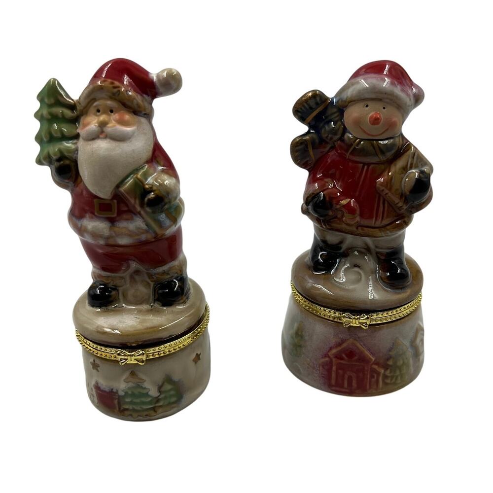Vintage Set Porcelain Limoge Christmas Santa Snowman Trinket Boxes 4.5" Figurine